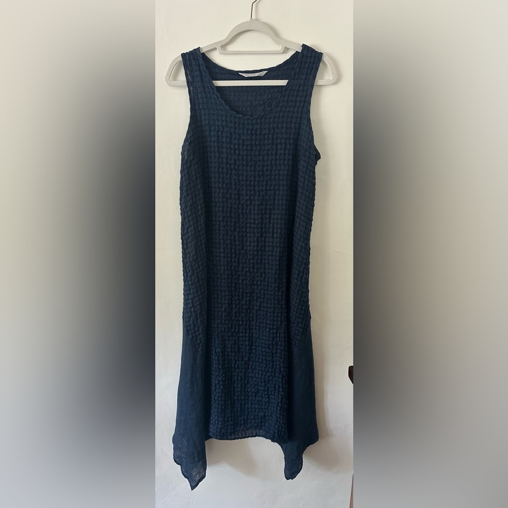 Luna Luz Navy Textured Linen Midi (below the knee) Dress
